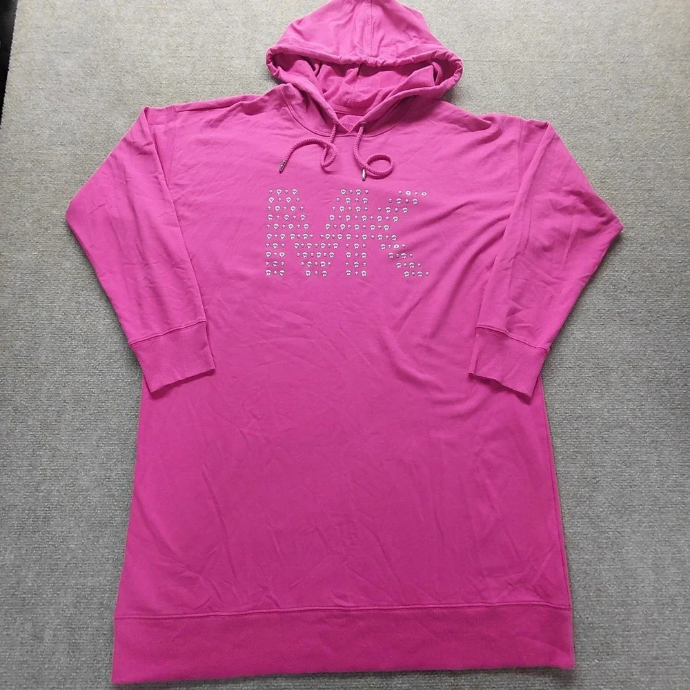 Michael Kors Women's Vibrant Pink MK Grommet Stud Logo Hoodie Long Dress Size XL